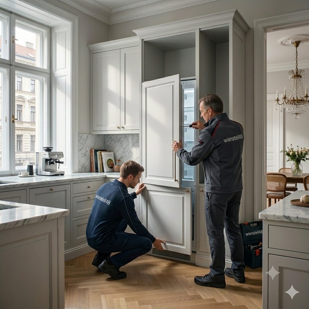 Symbolbild: Techniker stellt in einer Wiener Küche einen Kühlschrank auf (KI-generiert)