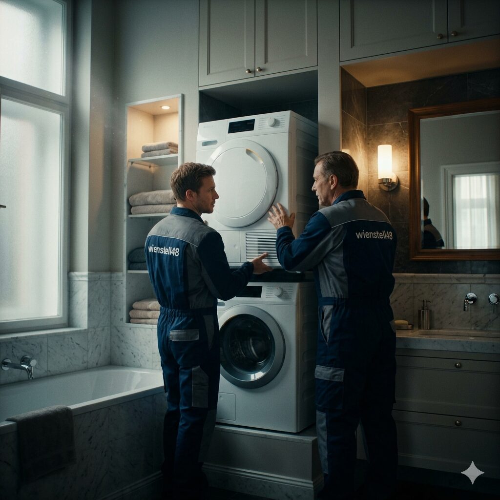 Symbolbild: Techniker schließt einen Trockner in einer Wiener Wohnung an (KI-generiert)