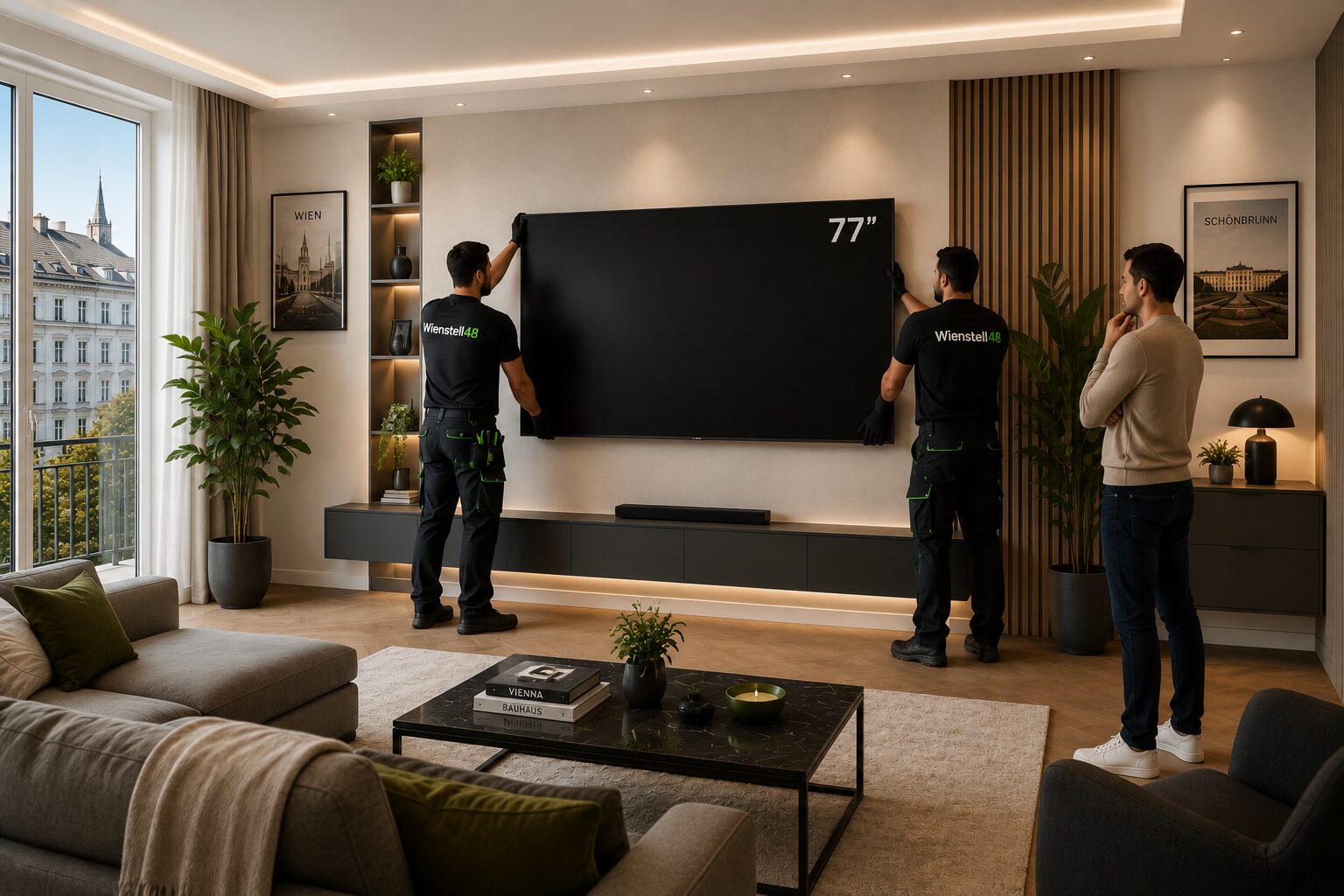 Symbolbild: Zwei Techniker montieren einen Fernseher an einer Wand in Wien (KI-generiert)