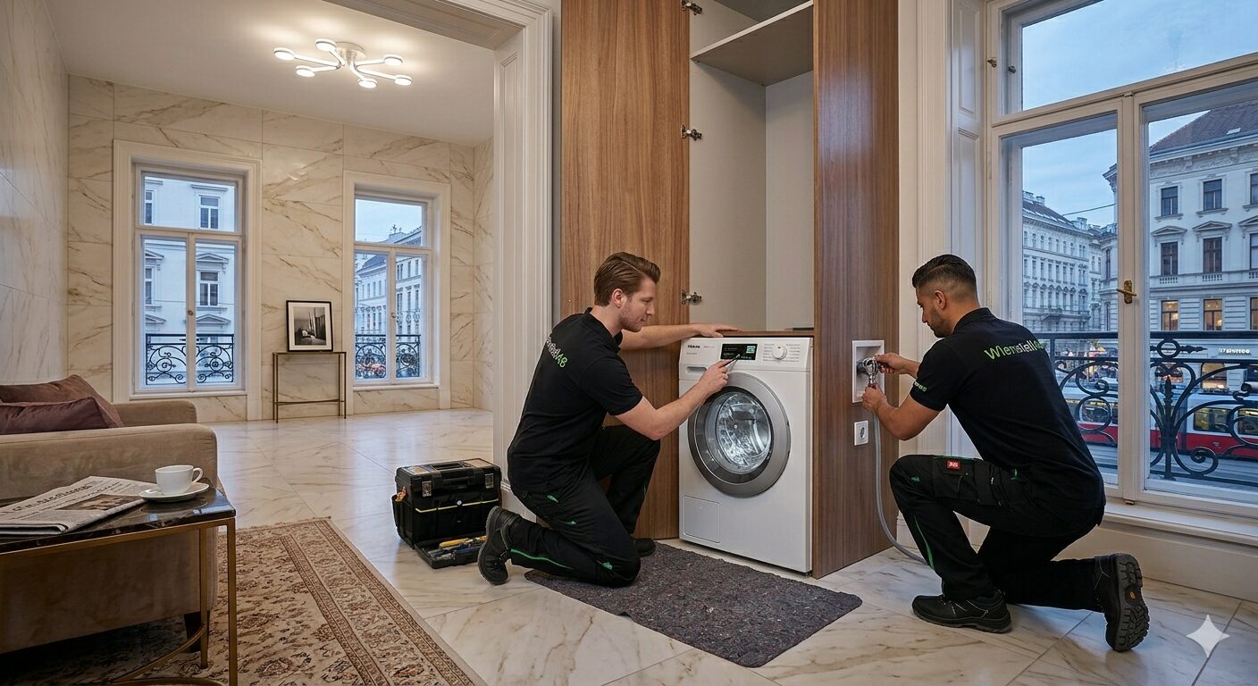 Symbolbild: Techniker schließt in einem Wiener Badezimmer eine Waschmaschine an (KI-generiert)